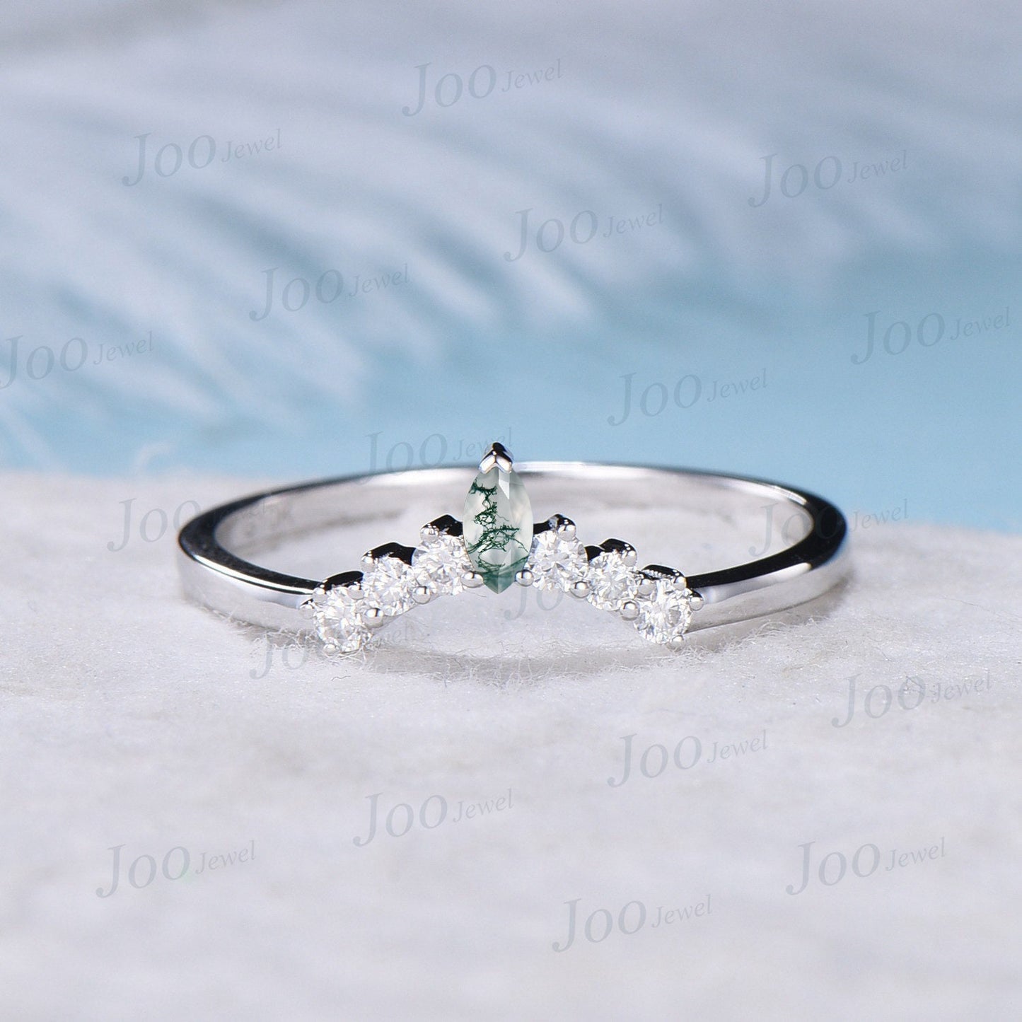 Marquise Moss Agate Contour Wedding Band White Gold Moissanite Nesting Band Unique Vintage Moss Agate Stacking Matching Bridal Gift For Her