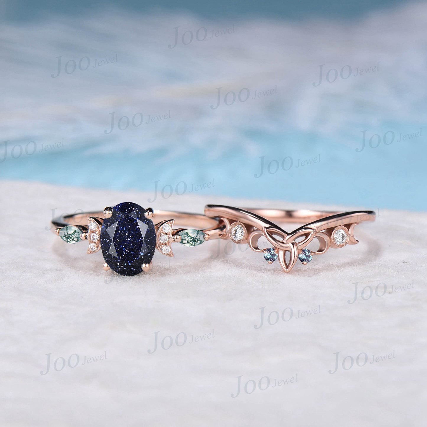 1.5ct Oval Galaxy Blue Sandstone Celestial Engagement Ring Triple Moon Alexandrite Band Rose Gold Moss Agate Blue Goldstone Moon Phase Ring