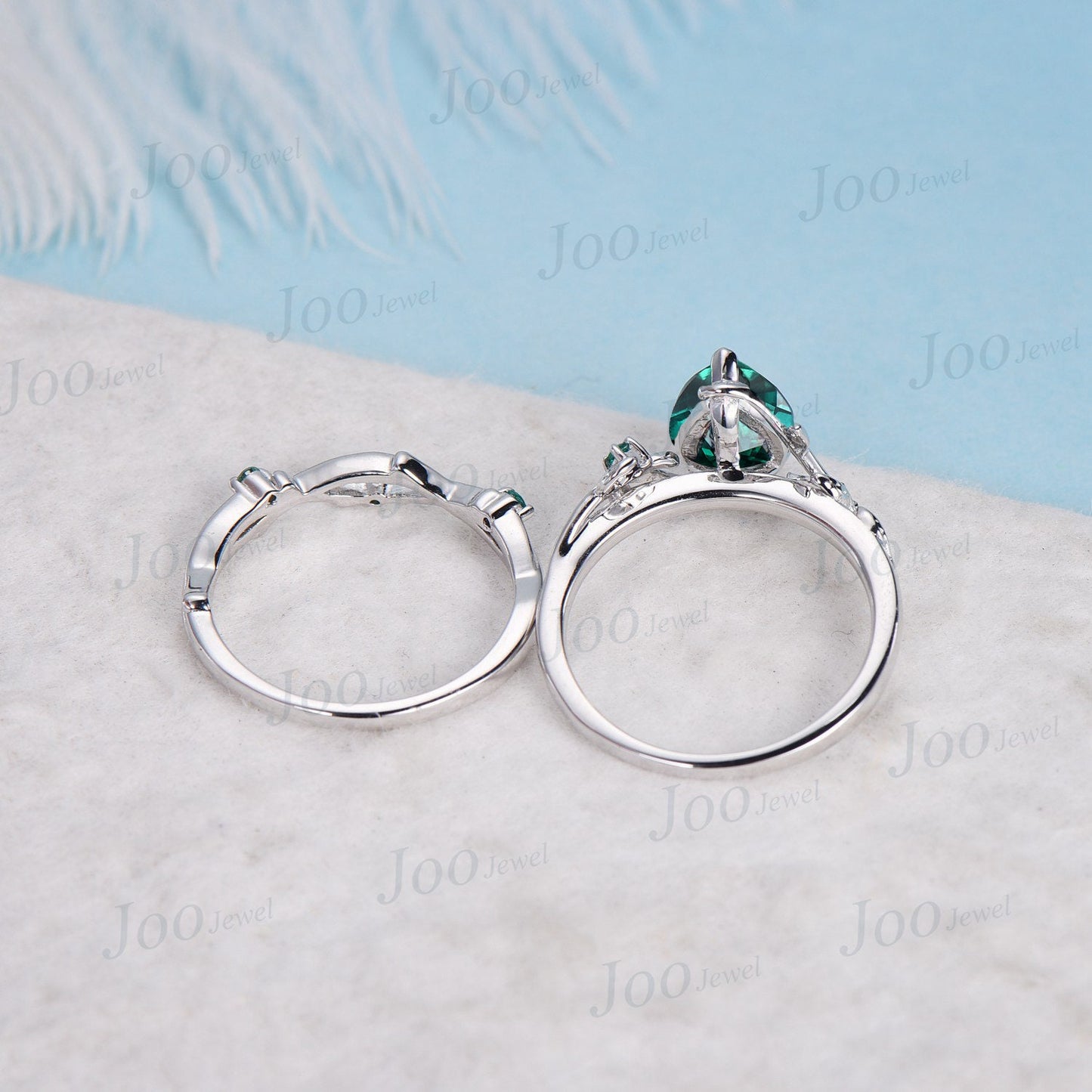 1.25ct Nature Inspired Emerald Engagement Ring Set Pear Emerald Twig Ring Sterling Silver Green Wedding Ring May Birthstone Anniversary Gift