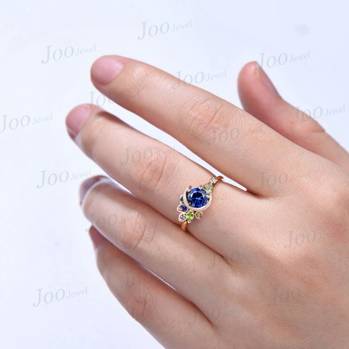 Round Blue Sapphire Engagement Ring Unique Crescent Moon Wedding Ring Personalized Milgrain Multi-Birthstone Peridot Cluster Promise Rings