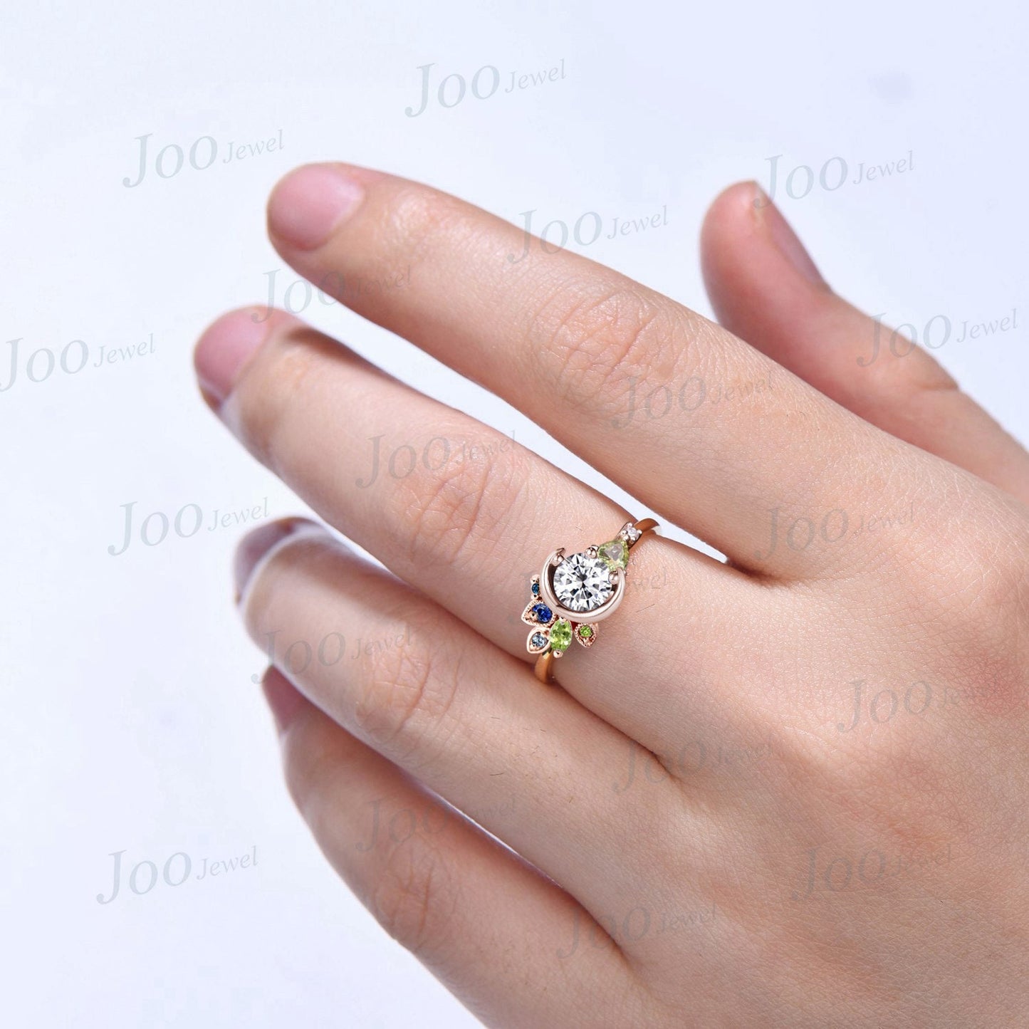 Unique Round Moissanite Diamond Ring Celestial Moon Engagement Rings Personalized Multi-Birthstone Cluster Peridot Blue Sapphire Family Ring
