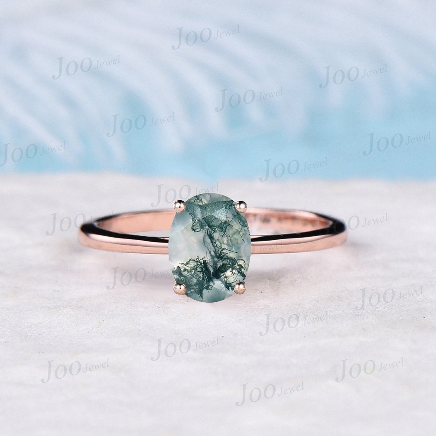 Natural Oval Moss Agate Solitaire Rings 1.5CT Simple Moss Agate Engagement Ring Round Claw Classic Promise Wedding Ring Anniversary Gifts