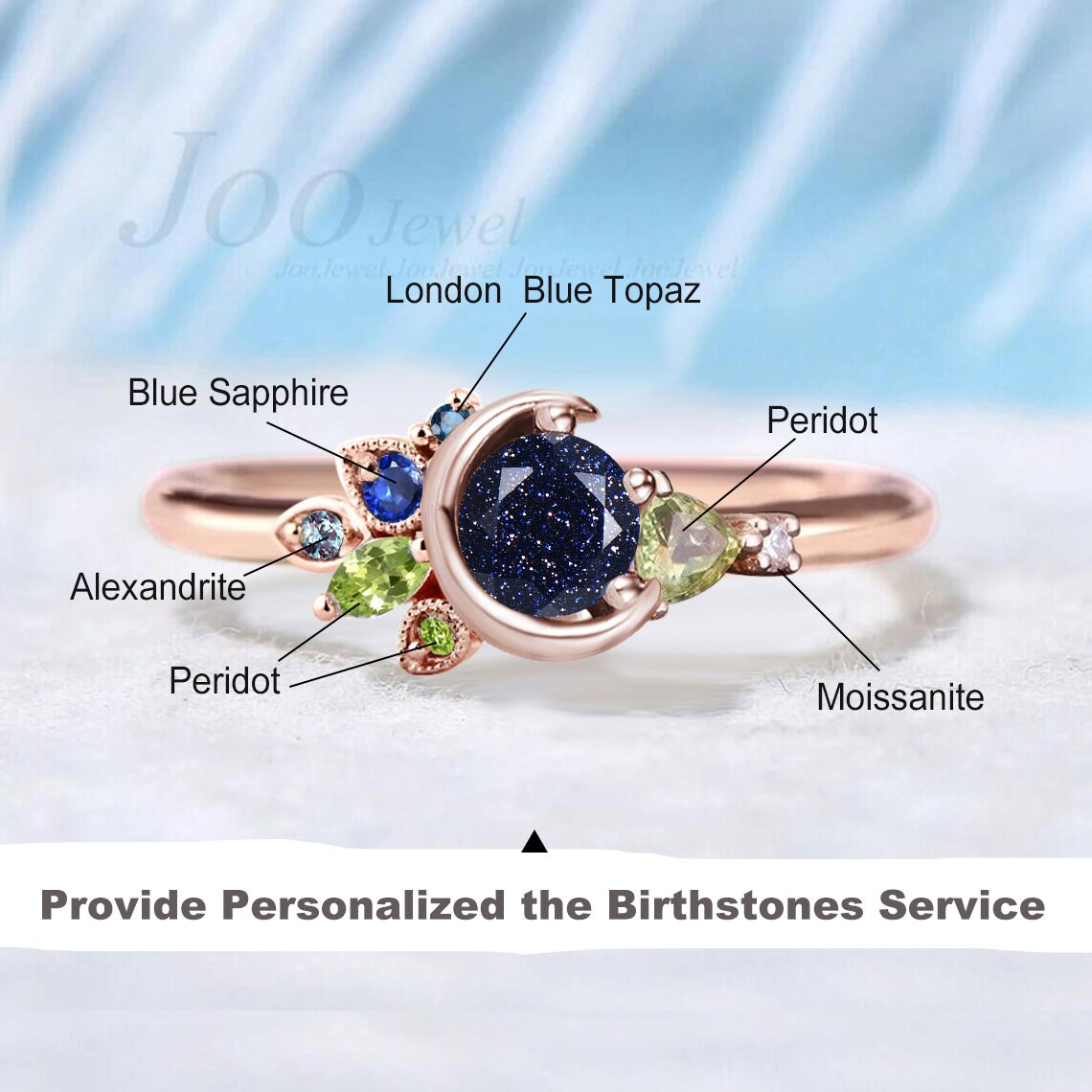 Unique Round Blue Sandstone Ring Moon Wedding Ring Celestial Engagement Ring Custom Multi-Birthstone Cluster Blue Promise Family Ring Gifts
