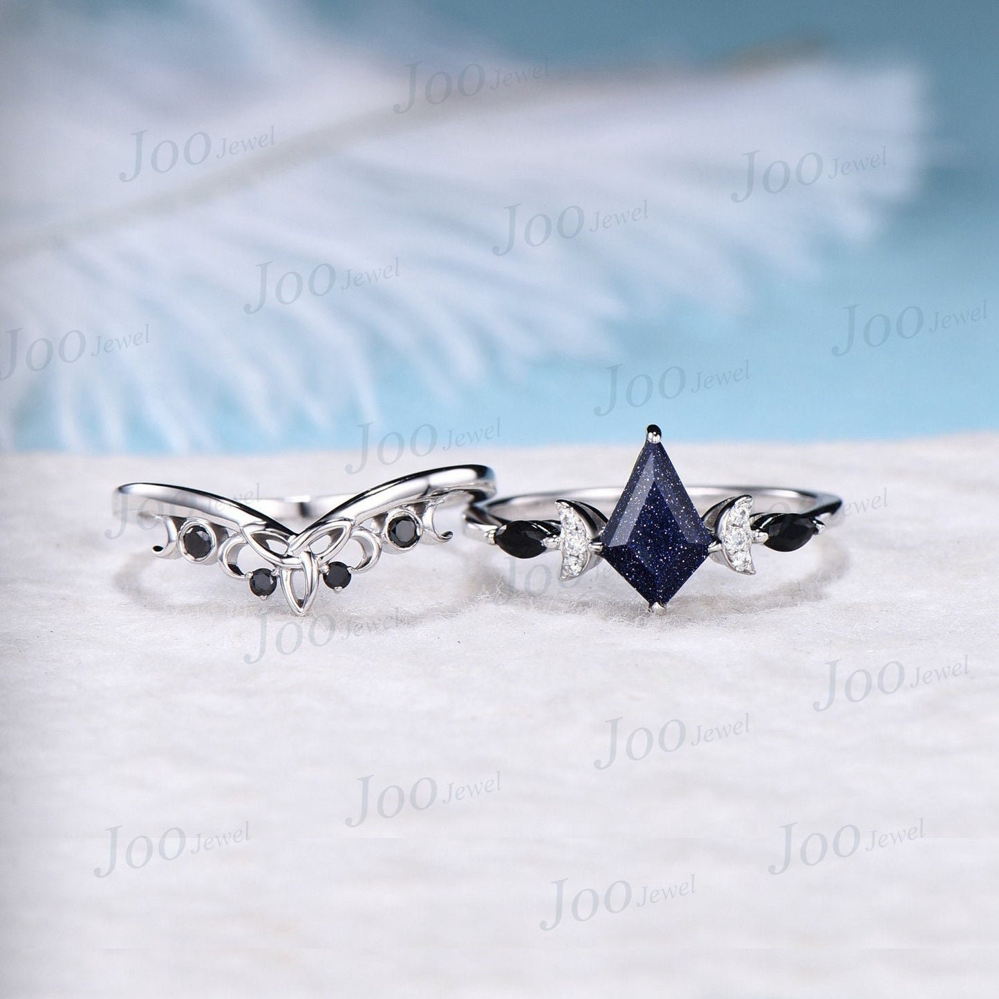 1ct Kite Cut Blue Sandstone Celestial Engagement Ring Triple Moon Goddess Ring 10K Rose Gold Black Bridal Set Blue Goldstone Moon Phase Ring