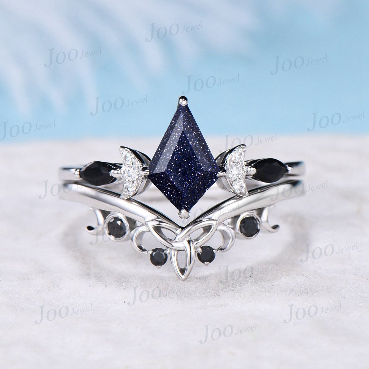 1ct Kite Cut Blue Sandstone Celestial Engagement Ring Triple Moon Goddess Ring 10K Rose Gold Black Bridal Set Blue Goldstone Moon Phase Ring