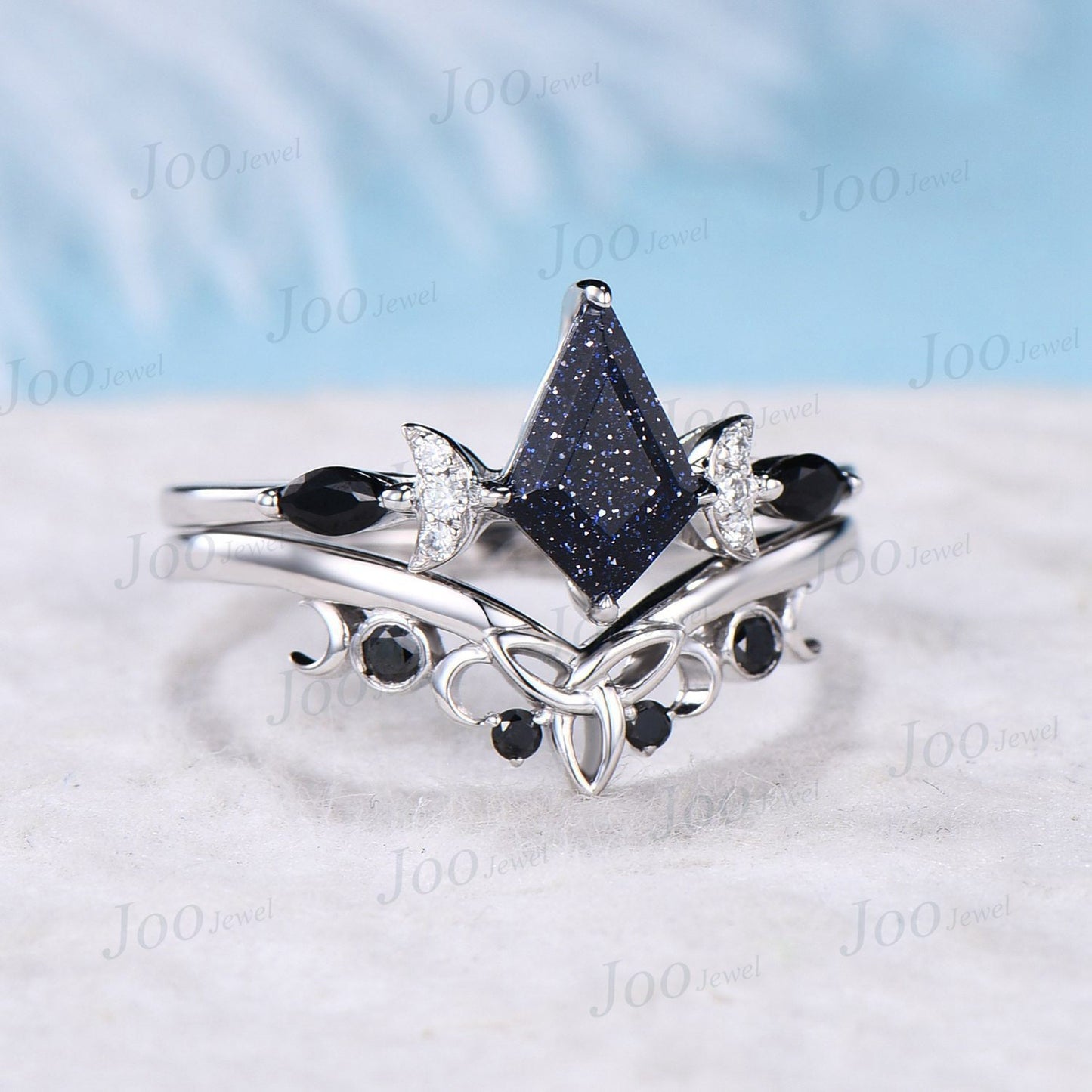 1ct Kite Cut Blue Sandstone Celestial Engagement Ring Triple Moon Goddess Ring 10K Rose Gold Black Bridal Set Blue Goldstone Moon Phase Ring