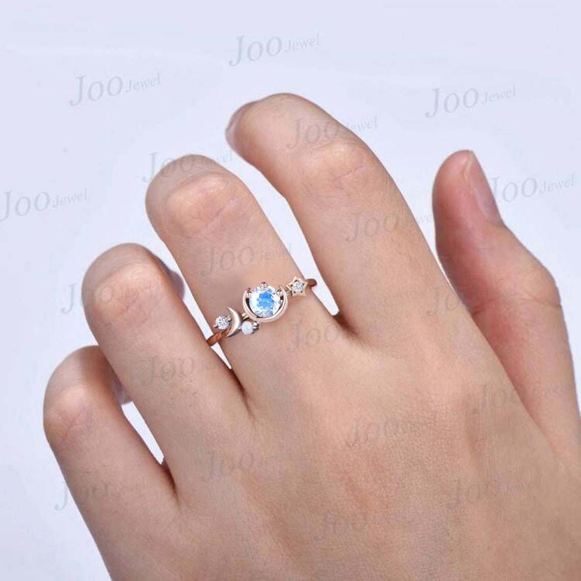 Unique Round Blue Moonstone Engagement Ring 10K Rose Gold Moon Bridal Ring Moon Star Moissanite Opal Wedding Ring Art Deco Asymmetrical Ring