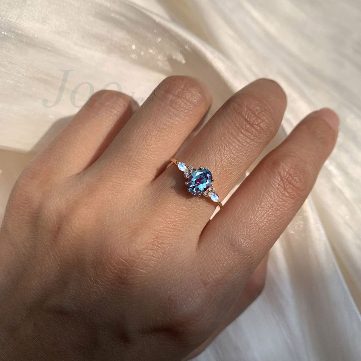 1.5ct Oval Alexandrite Ring Moonstone Cluster Engagement Ring Rose Gold June Birthstone Color Change Stone Unique Wedding Anniversary Gift