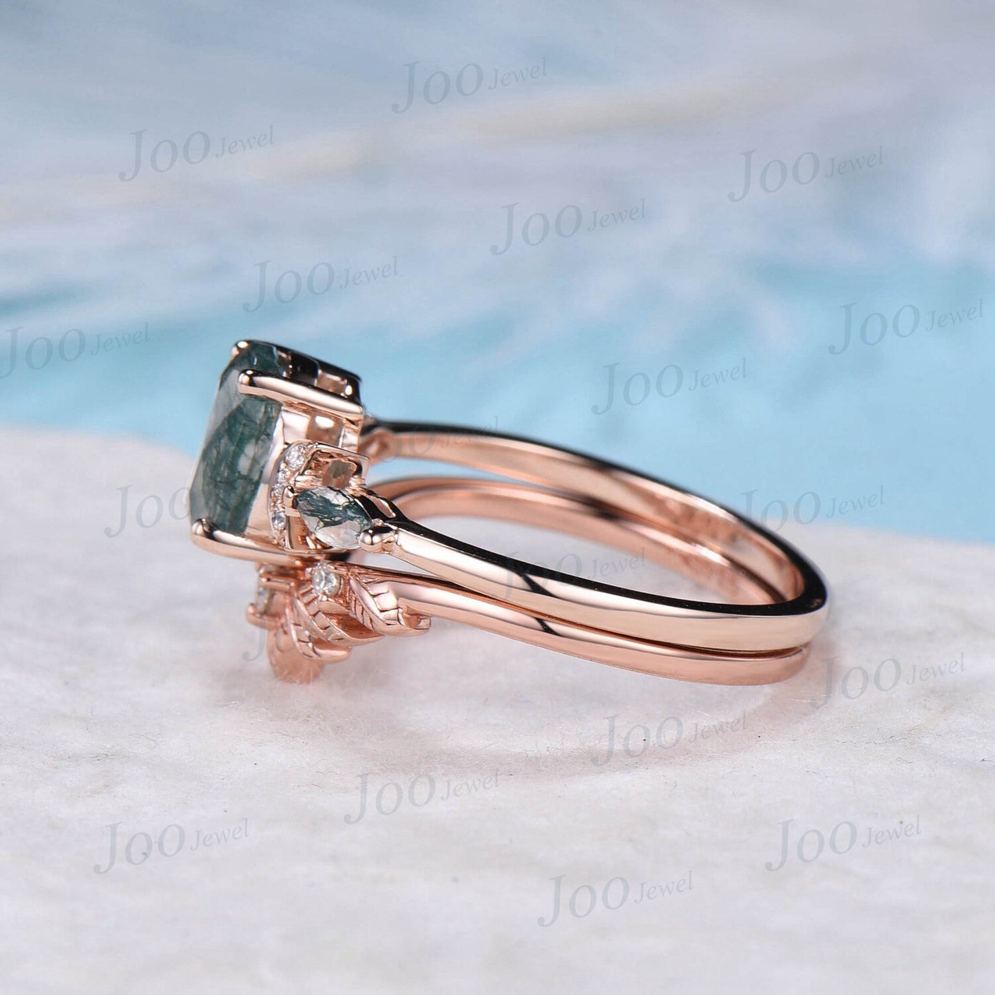1.5ct Oval Moss Agate Engagement Ring Set 10K Rose Gold Moon Wedding Ring Aquatic Agate Green Promise Ring Leaf Nature Inspired Wedding Band