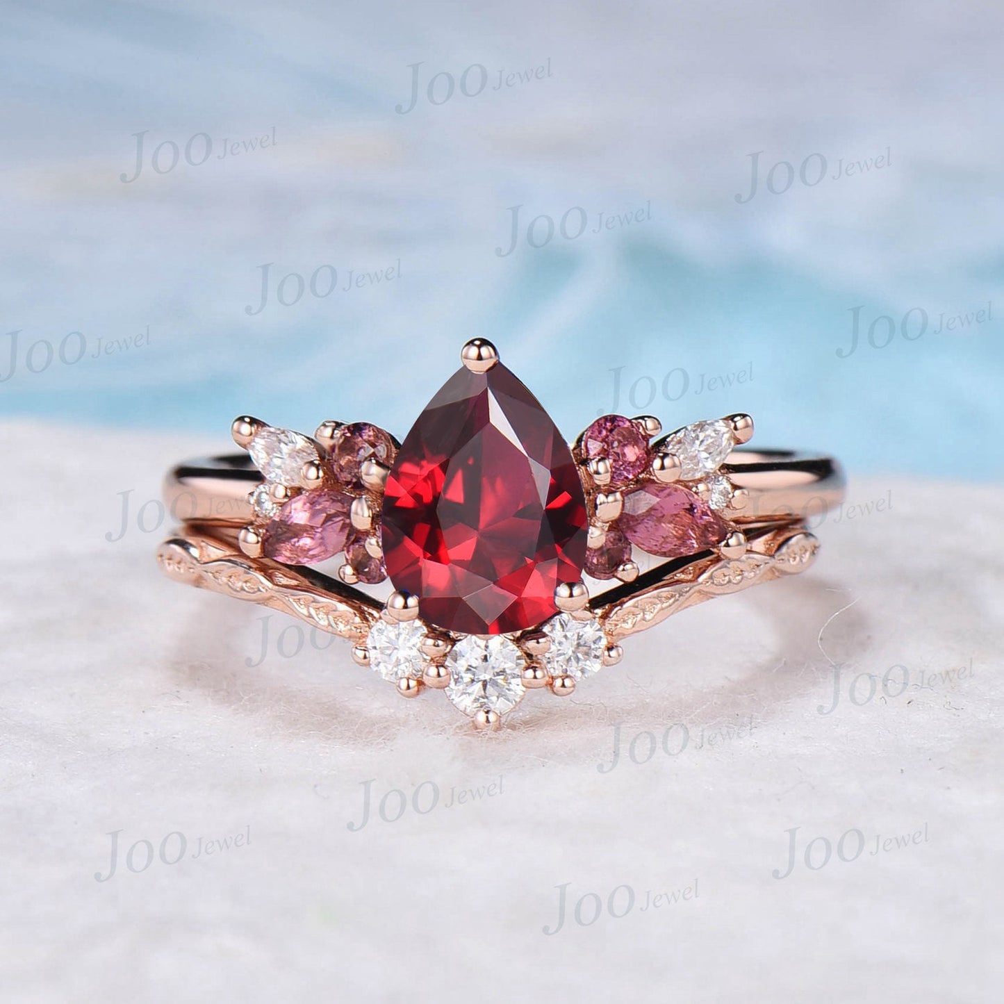 1.25ct Pear Ruby Engagement Ring Set Real Pink Tourmaline Moissanite Cluster Bridal Set Vine Twig Band Anniversary Ring July Birthstone Gift