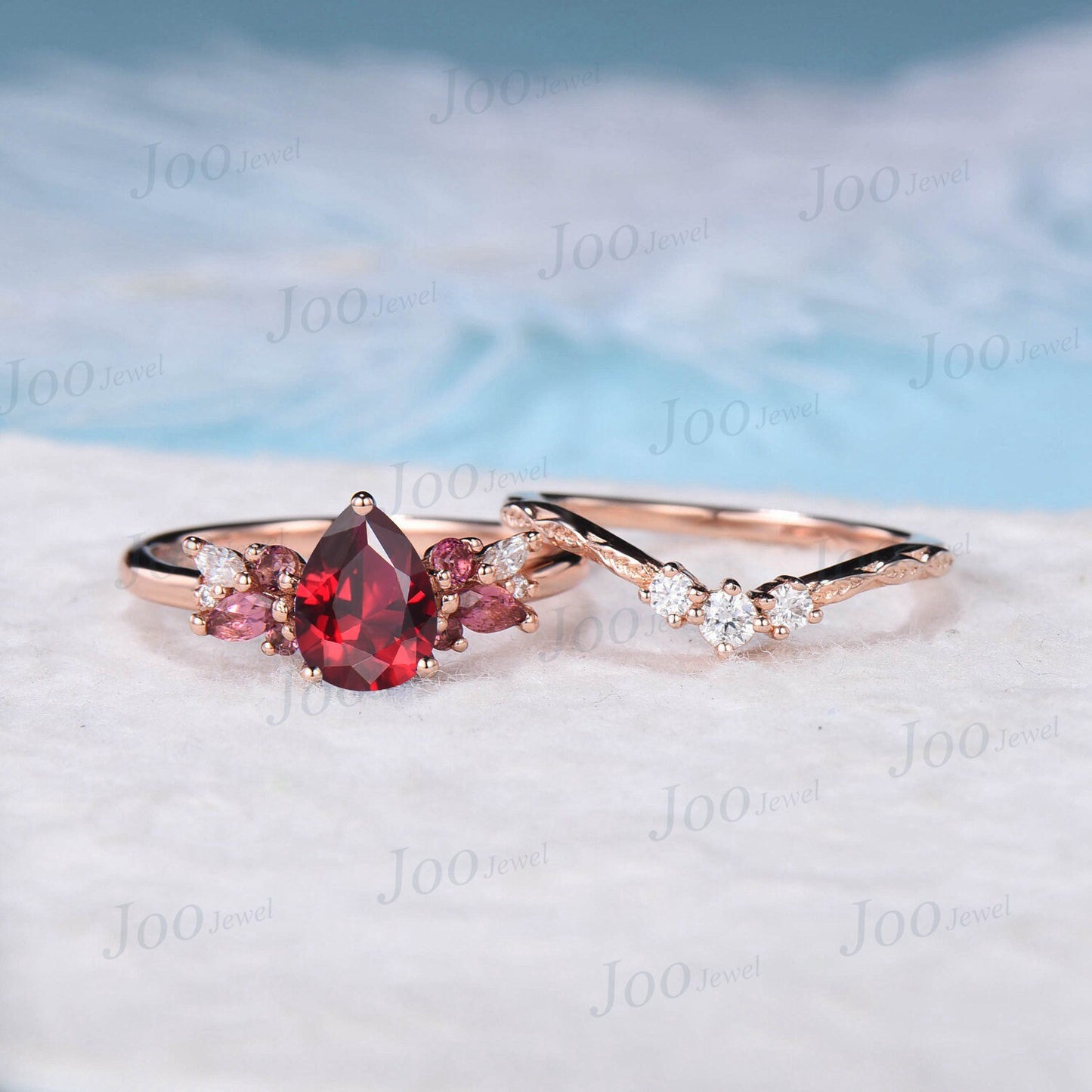 1.25ct Pear Ruby Engagement Ring Set Real Pink Tourmaline Moissanite Cluster Bridal Set Vine Twig Band Anniversary Ring July Birthstone Gift