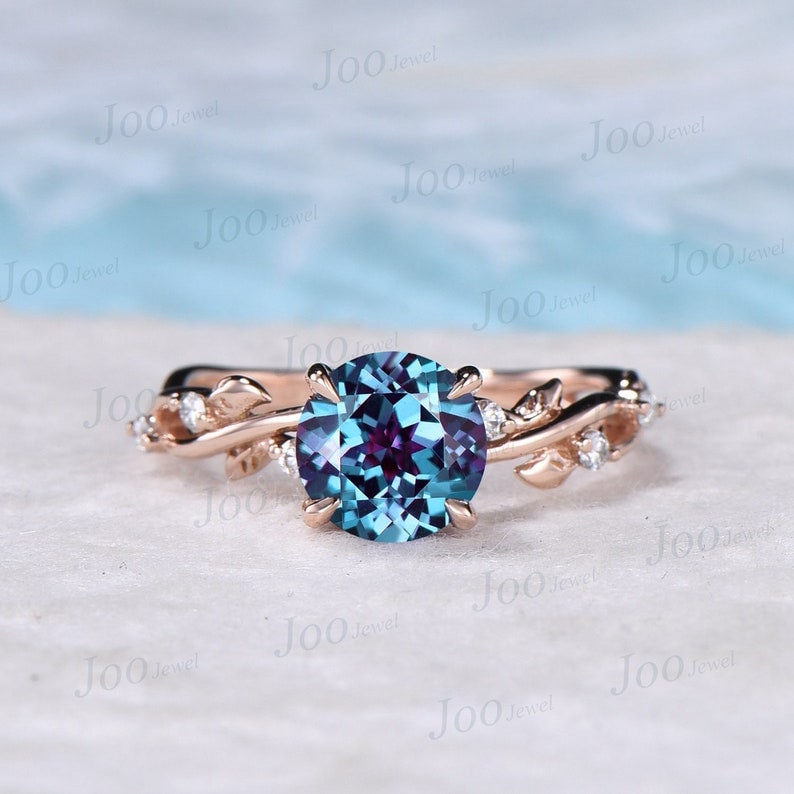 Nature Inspired Alexandrite Ring 10K Rose Gold 1.5ct Oval Cut Alexandrite Engagement Rings Leaf Moissanite Branch Vine Ring Anniversary Gift