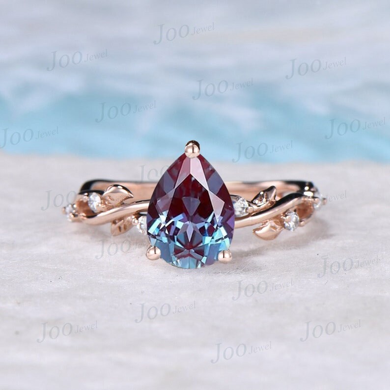 Nature Inspired Alexandrite Ring 10K Rose Gold 1.5ct Oval Cut Alexandrite Engagement Rings Leaf Moissanite Branch Vine Ring Anniversary Gift