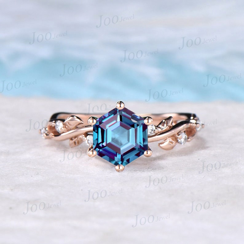 Nature Inspired Alexandrite Ring 10K Rose Gold 1.5ct Oval Cut Alexandrite Engagement Rings Leaf Moissanite Branch Vine Ring Anniversary Gift