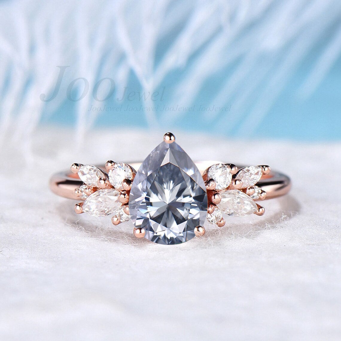 Gray Diamond Engagement Ring 1.25ct Pear Shaped Gray Moissanite Cluster Wedding Ring Grey Gemstone Ring Unique Cluster Promise Ring Women