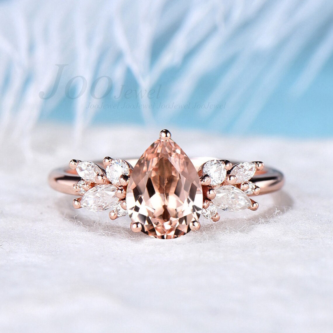 Natural Pink Morganite Engagement Rings Rose Gold 1.25ct Pear Shaped Peach Morganite CZ Wedding Ring Unique Cluster Promise Ring for Women