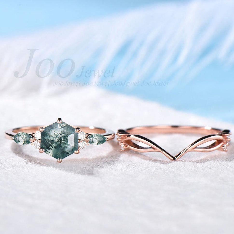 Hexagon Moss Agate Ring Set Green Gemstone Ring 1ct Hexagon Engagement Ring Natural Aquatic Agate Bridal Set Twig Vine Green Wedding Ring