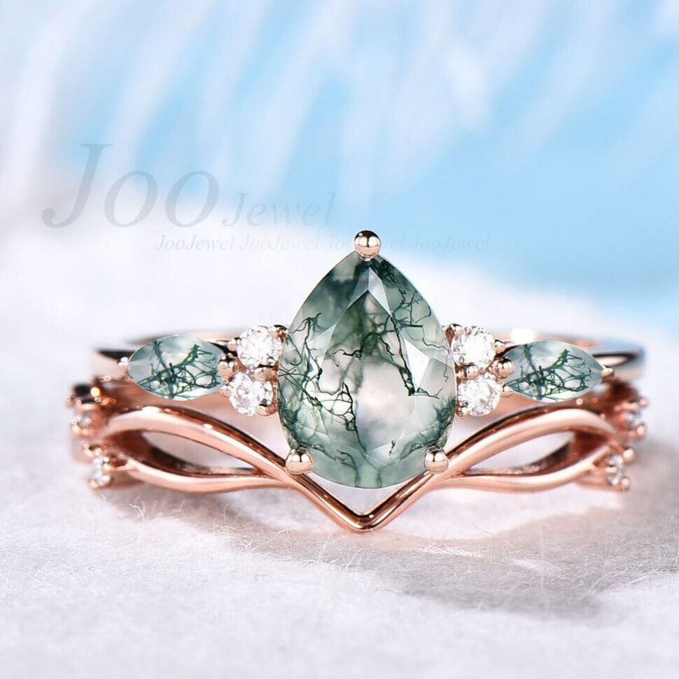 Hexagon Moss Agate Ring Set Green Gemstone Ring 1ct Hexagon Engagement Ring Natural Aquatic Agate Bridal Set Twig Vine Green Wedding Ring