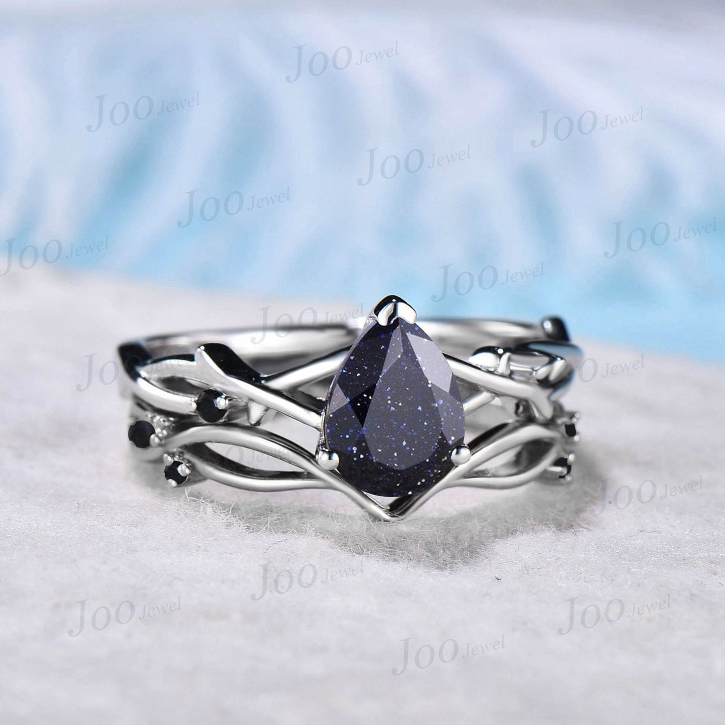 1.25CT Twig Vine Blue Sandstone Ring Set 10K White Gold Starry Sky Black Gemstone Ring Nature Inspired Jewelry Unique Wedding/Promise Gift