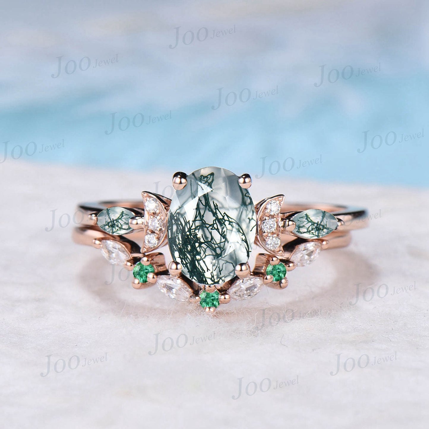 1.5ct Oval Moss Agate Moon Engagement Ring Set Rose Gold Moss Bridal Set Moissanite Emerald Curve Wedding Band Unique Celestial Promise Ring
