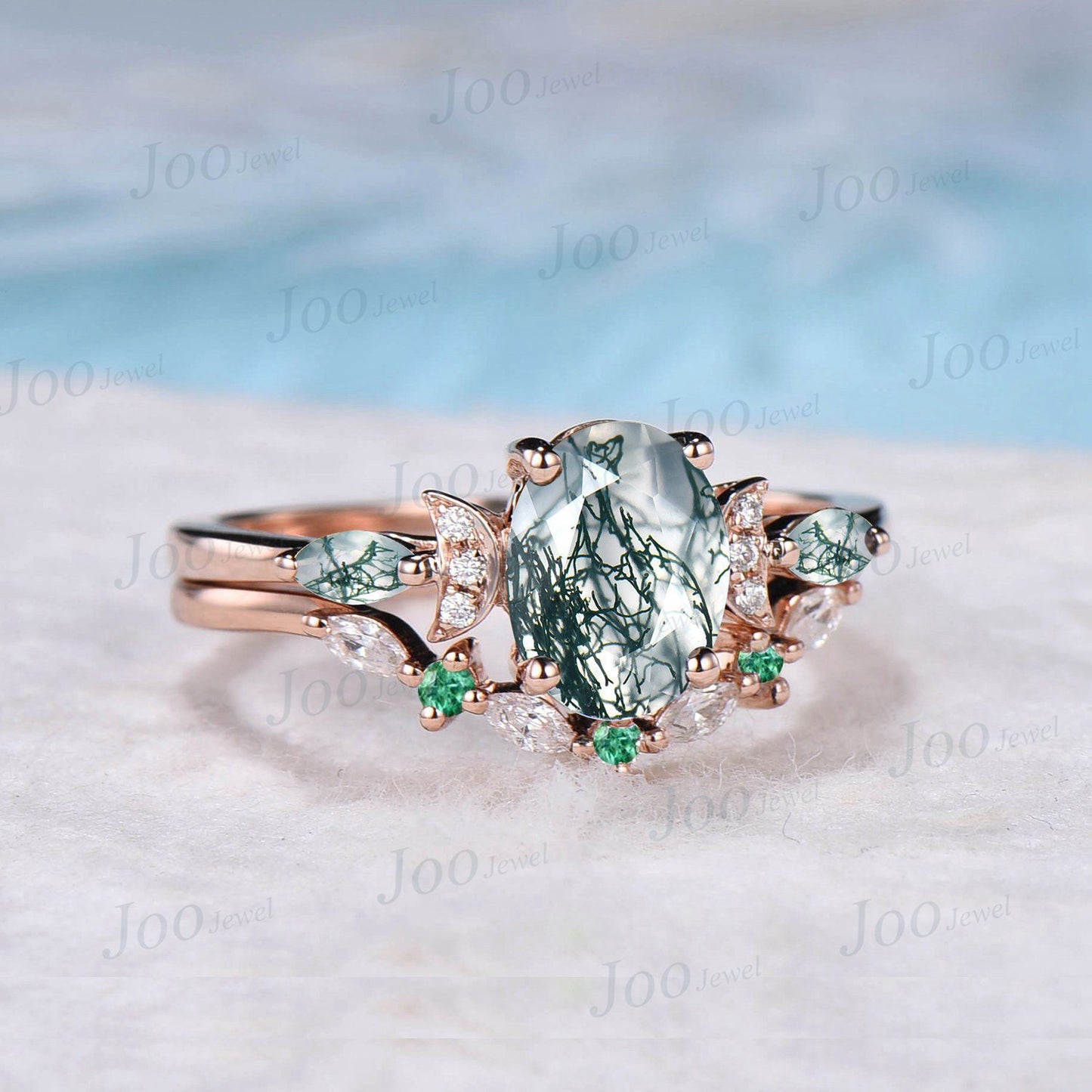 1.5ct Oval Moss Agate Moon Engagement Ring Set Rose Gold Moss Bridal Set Moissanite Emerald Curve Wedding Band Unique Celestial Promise Ring