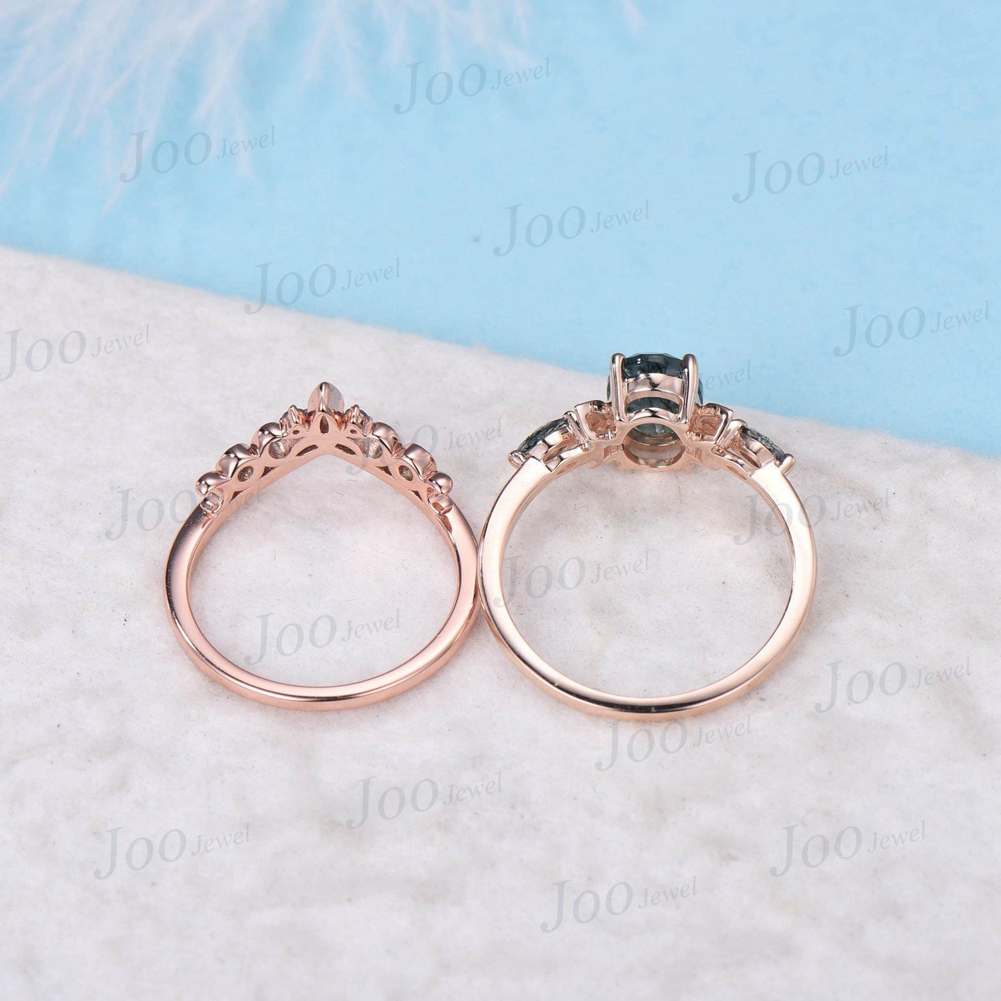 1.5ct Oval Galaxy Blue Sandstone Celestial Engagement Ring Triple Moon Alexandrite Band Rose Gold Moss Agate Blue Goldstone Moon Phase Ring
