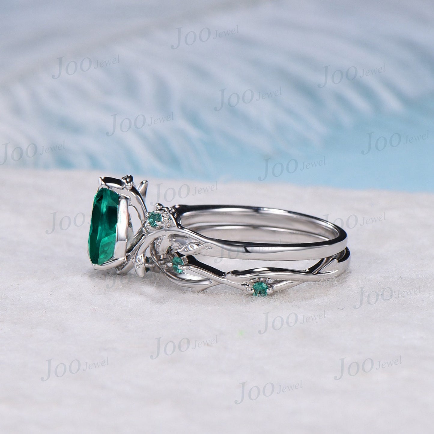 1.25ct Nature Inspired Emerald Engagement Ring Set Pear Emerald Twig Ring Sterling Silver Green Wedding Ring May Birthstone Anniversary Gift
