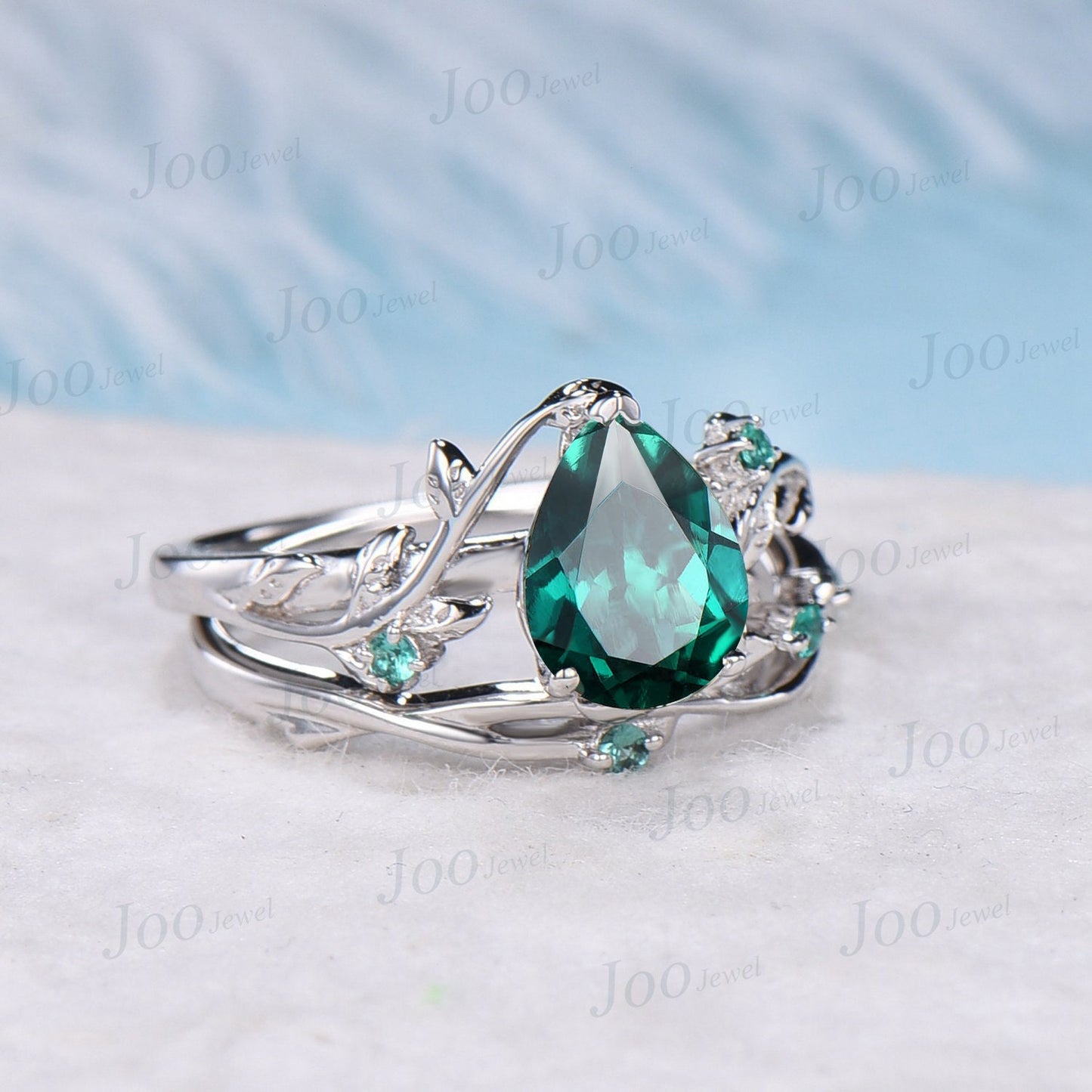 1.25ct Nature Inspired Emerald Engagement Ring Set Pear Emerald Twig Ring Sterling Silver Green Wedding Ring May Birthstone Anniversary Gift