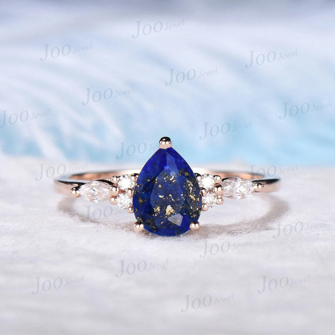 1.25ct Teardrop Natural Blue Lapis Lazuli Engagement Ring Set Sterling Silver Lapis Gold Bridal Set Blue Gemstone Lapis Jewelry Promise Ring