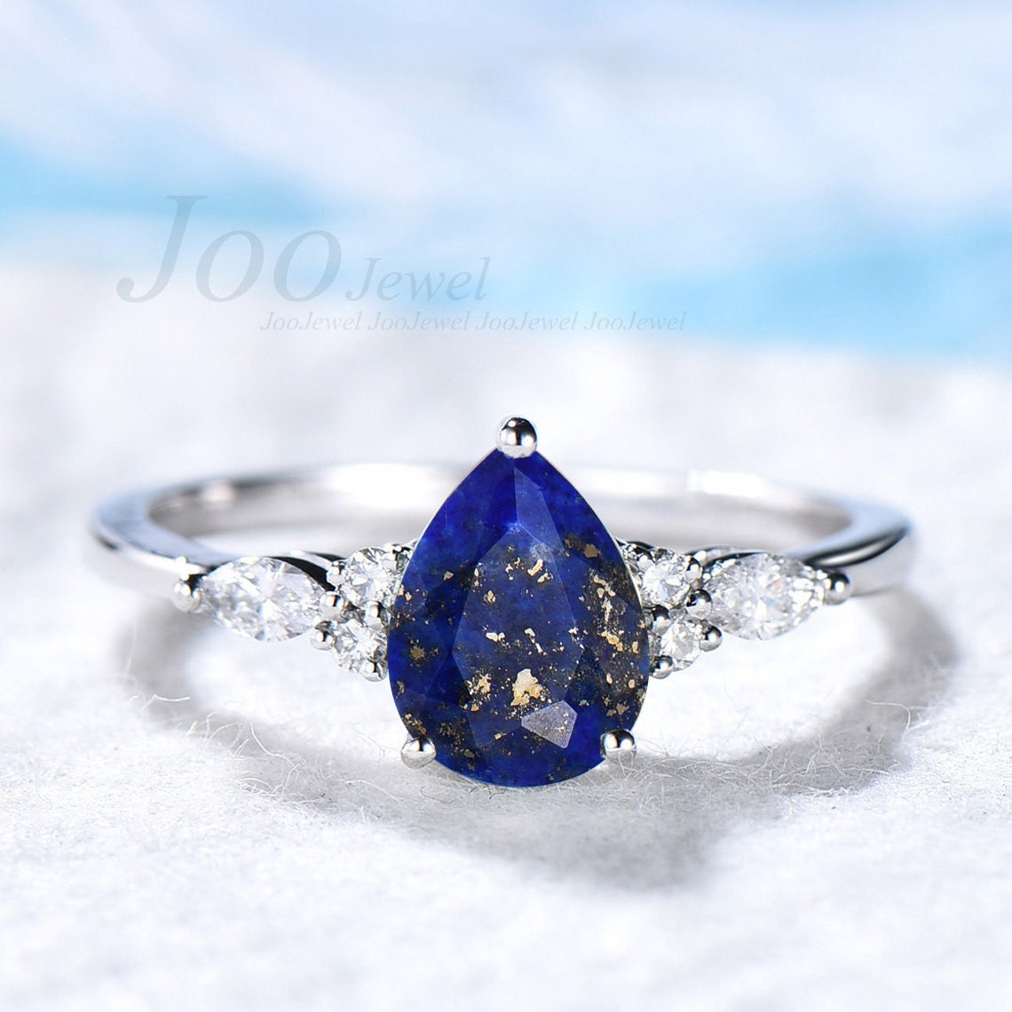 1.25ct Teardrop Natural Blue Lapis Lazuli Engagement Ring Set Sterling Silver Lapis Gold Bridal Set Blue Gemstone Lapis Jewelry Promise Ring