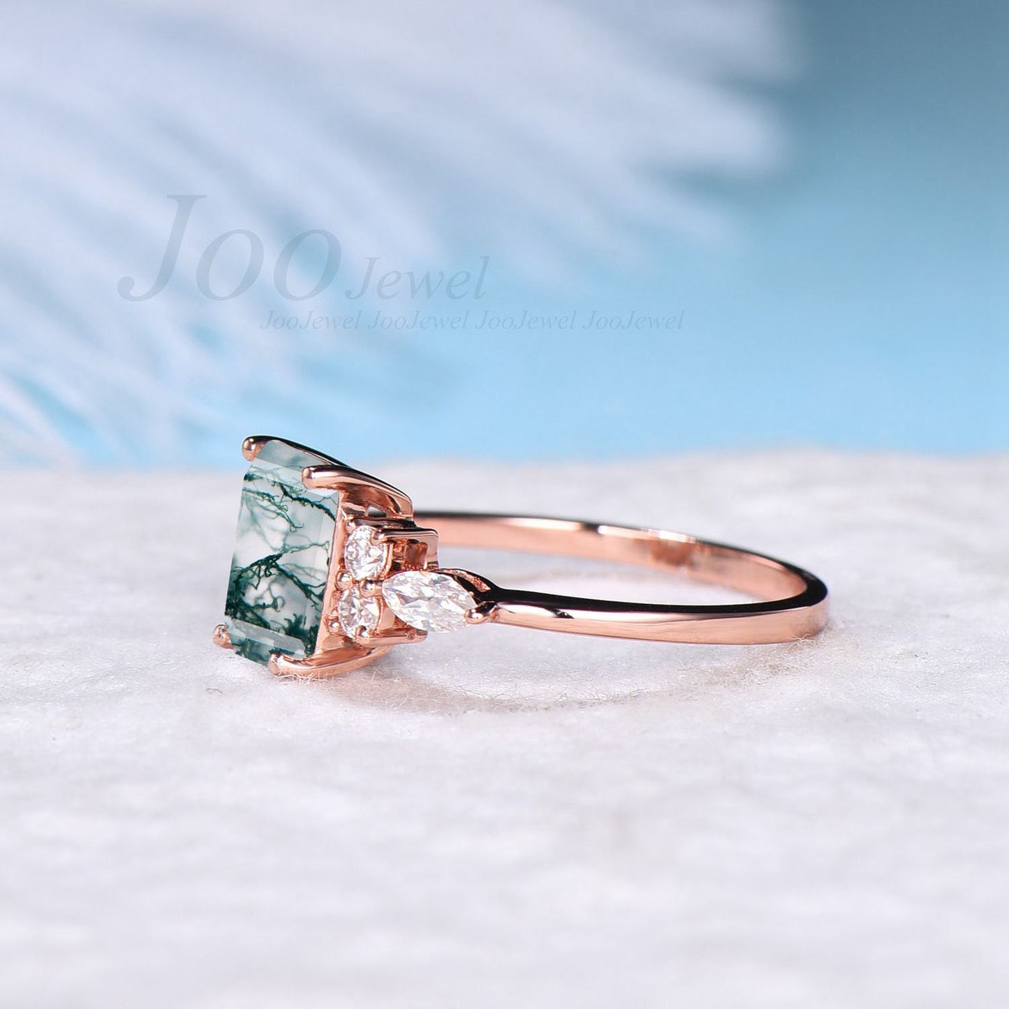 2ct Emerald Cut Natural Moss Agate Ring Antique Aquatic Agate Stone Ring Sterling Silver Hypoallergenic Cluster Green Wedding Promise Ring