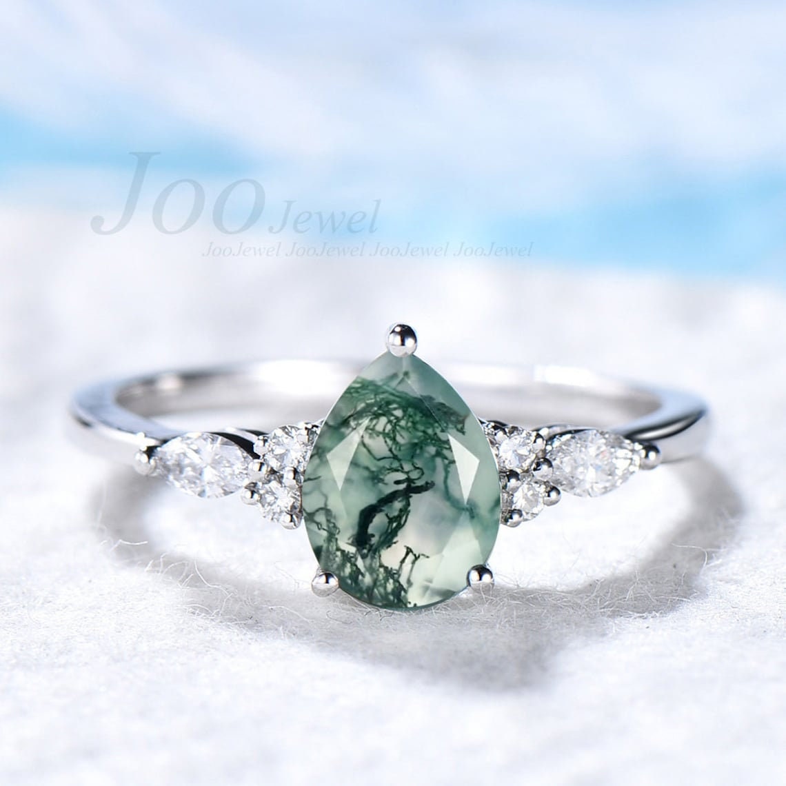 2ct Emerald Cut Natural Moss Agate Ring Antique Aquatic Agate Stone Ring Sterling Silver Hypoallergenic Cluster Green Wedding Promise Ring