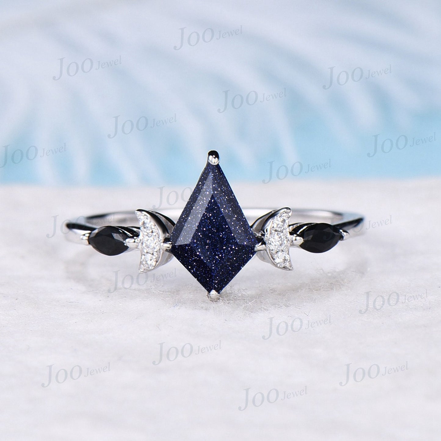 1ct Kite Cut Blue Sandstone Celestial Engagement Ring Triple Moon Goddess Ring 10K Rose Gold Black Bridal Set Blue Goldstone Moon Phase Ring