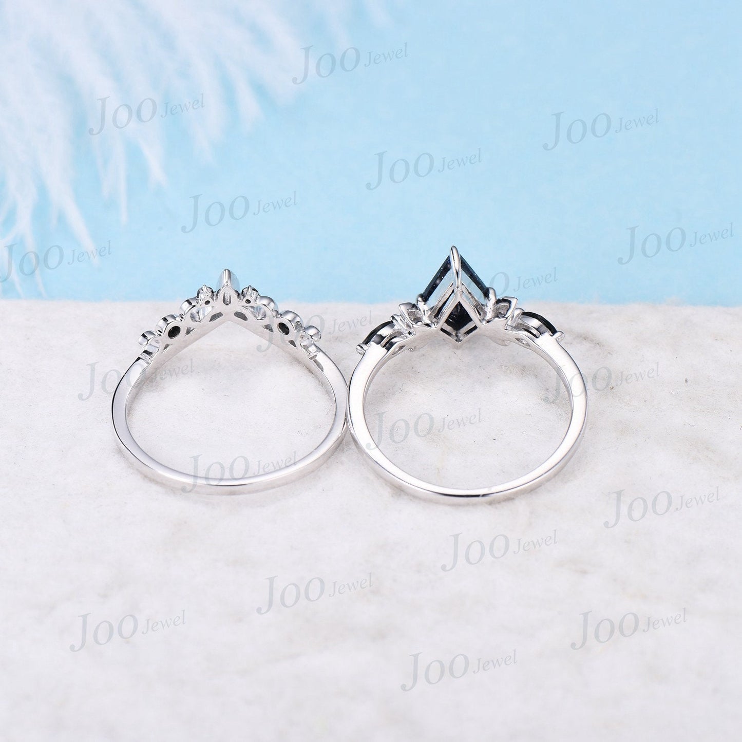 1ct Kite Cut Blue Sandstone Celestial Engagement Ring Triple Moon Goddess Ring 10K Rose Gold Black Bridal Set Blue Goldstone Moon Phase Ring