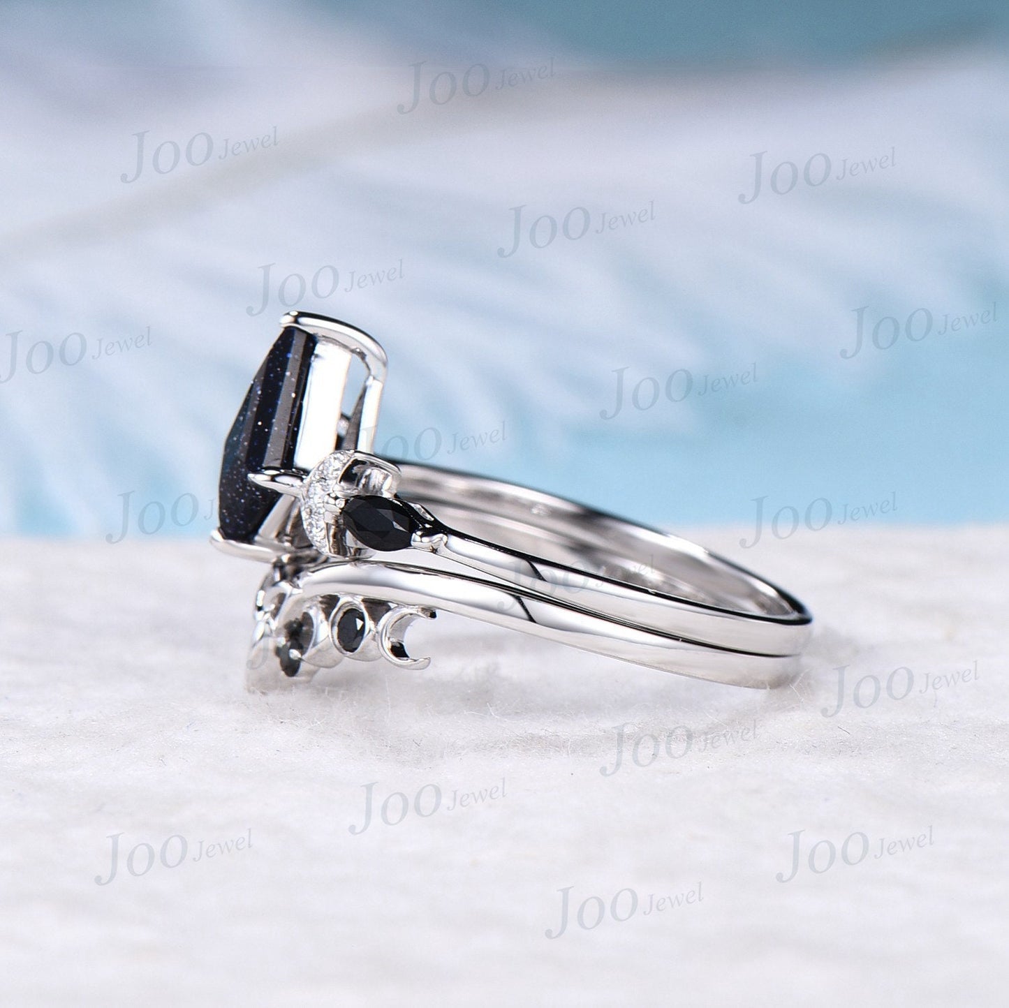 1ct Kite Cut Blue Sandstone Celestial Engagement Ring Triple Moon Goddess Ring 10K Rose Gold Black Bridal Set Blue Goldstone Moon Phase Ring