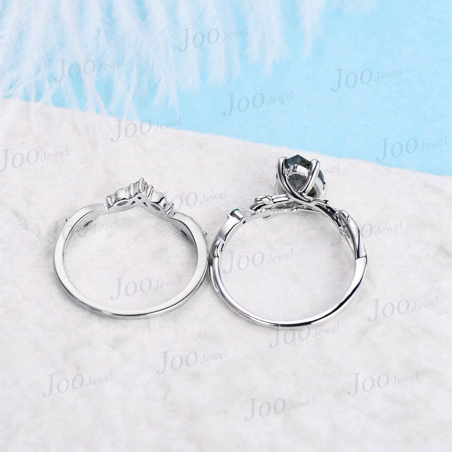 Nature Inspired Pear Moss Agate Ring Set 1.25ct Twig Moss Agate Engagement Ring Set Branch Vine Green Emerald Wedding Ring Moss Bridal Set