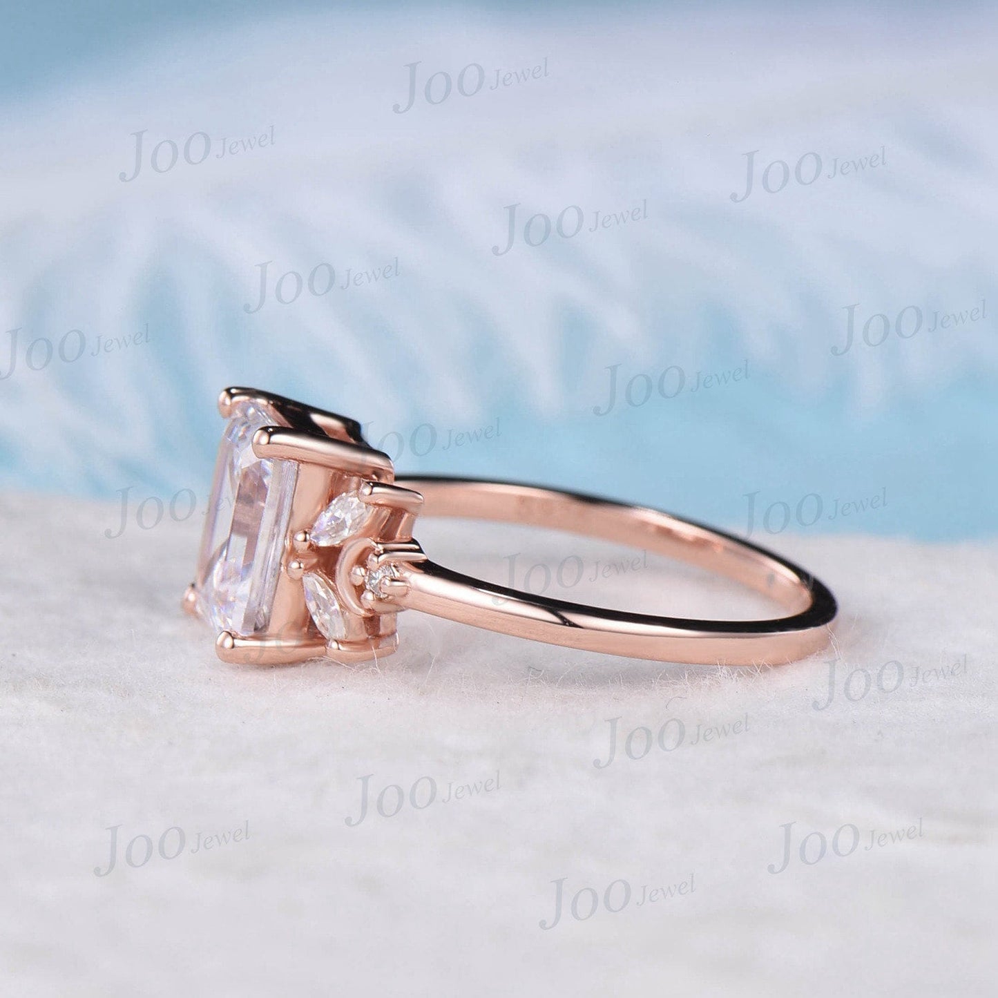 2ct Emerald Cut Moissanite Ring Unique Moissanite Diamond Crescent Moon Engagement Ring April Birthstone Cluster Ring Anniversary Gift Women