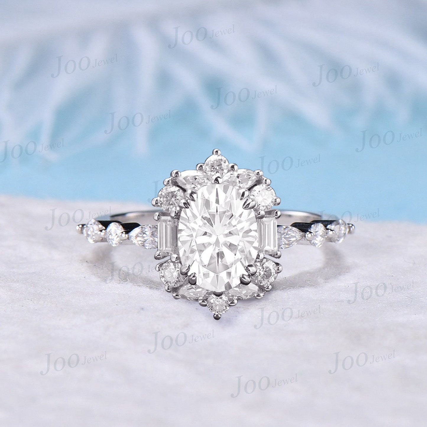 Oval Wedding Ring Unique Moissanite Half Eternity Engagement Ring 10K White Gold April Birthstone Moissanite Diamond Halo Ring Promise Gift