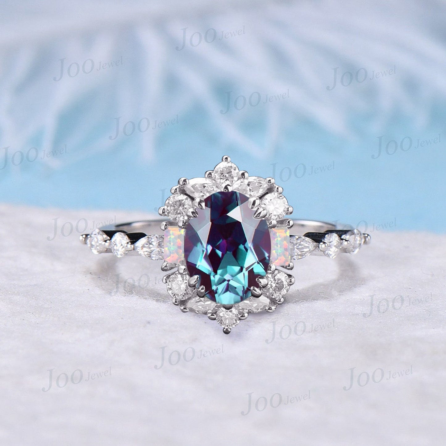 Oval Alexandrite Ring Unique Half Eternity Alexandrite Engagement Ring 10K White Gold Halo Moissanite Opal Ring Modern Unique Promise Gift