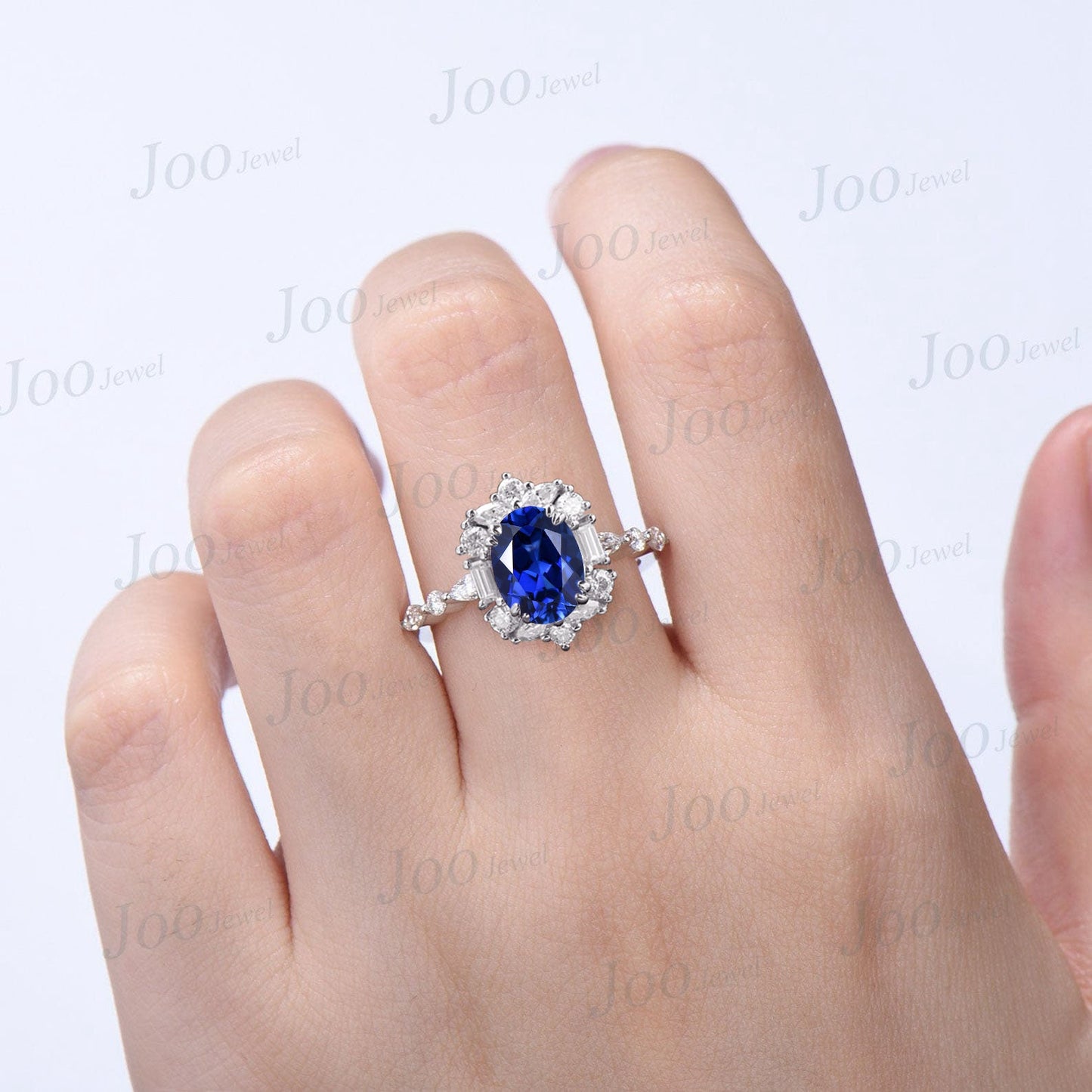 1.5ct Oval Blue Sapphire Ring 10K White Gold Halo Moissanite Blue Sapphire Engagement Ring Luxury Wedding Ring September Birthstone Gifts