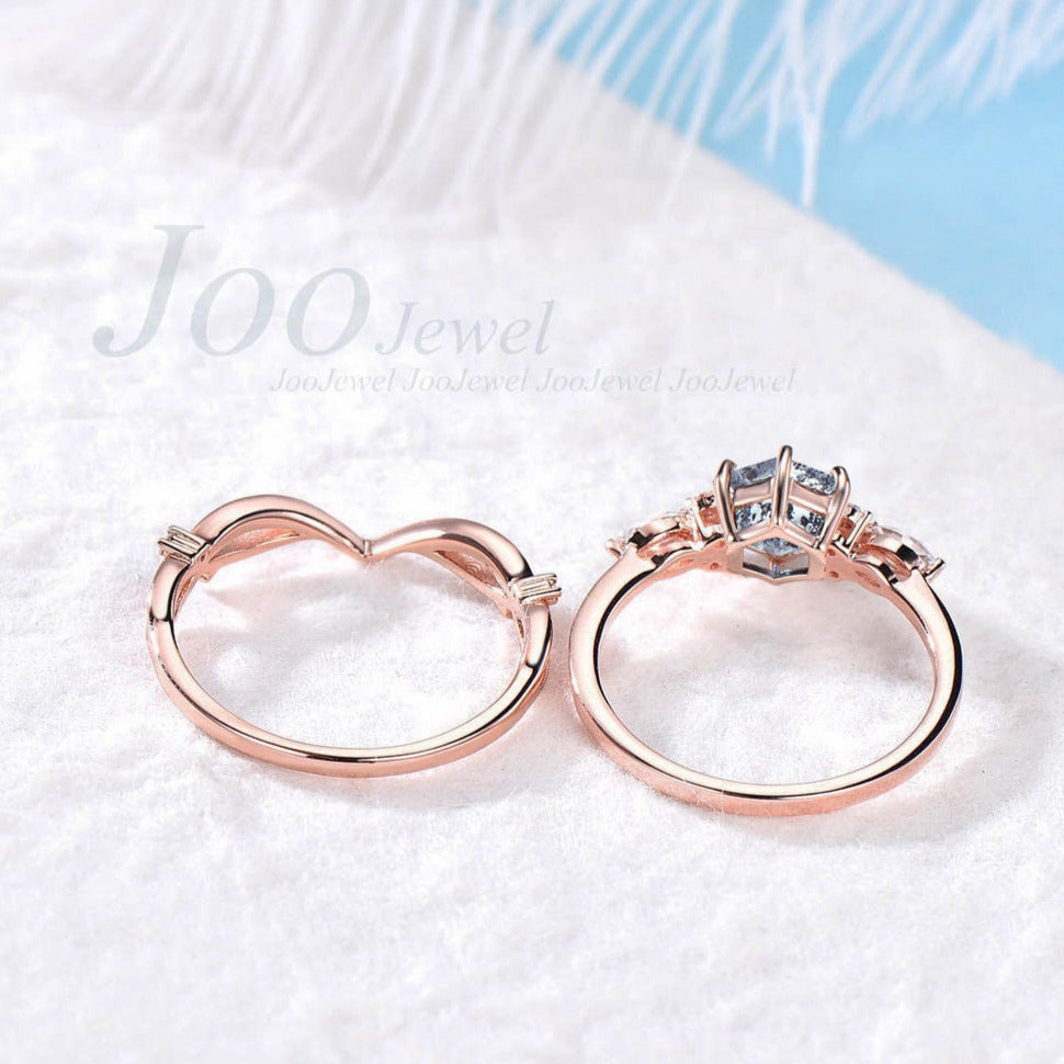 Hexagon Moss Agate Ring Set Green Gemstone Ring 1ct Hexagon Engagement Ring Natural Aquatic Agate Bridal Set Twig Vine Green Wedding Ring