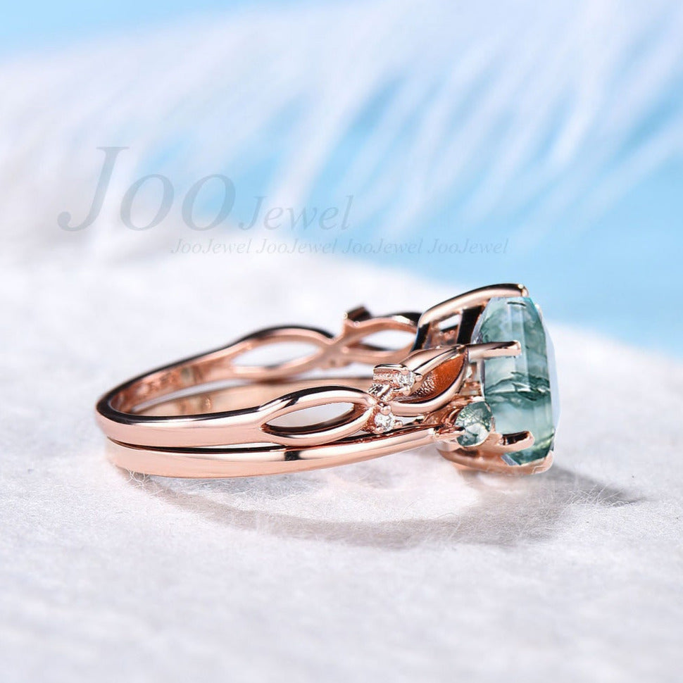 Hexagon Moss Agate Ring Set Green Gemstone Ring 1ct Hexagon Engagement Ring Natural Aquatic Agate Bridal Set Twig Vine Green Wedding Ring