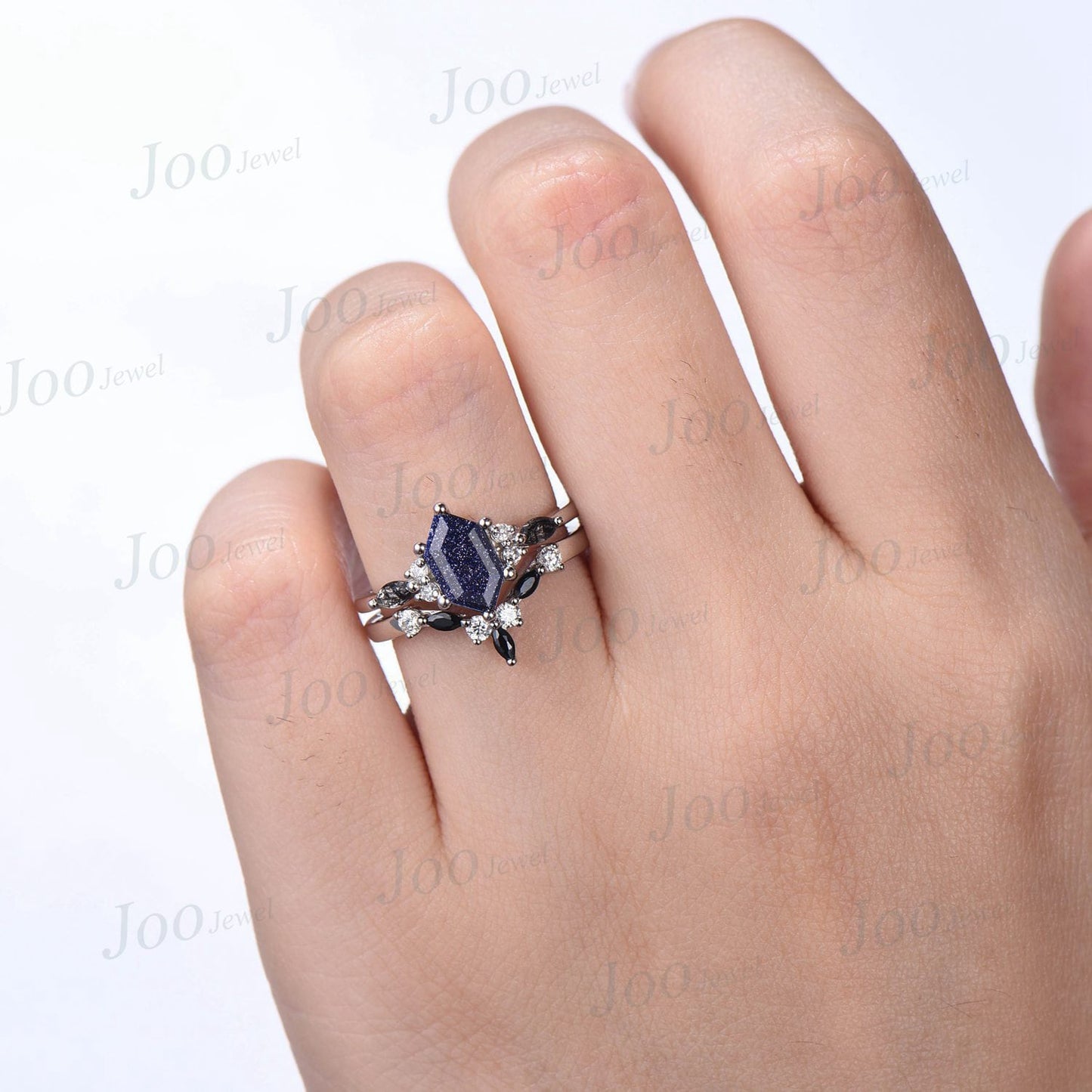 Hexagon Cut Blue Sandstone Engagement Ring Set Platinum Ring Vintage Marquise Black Rutile Crystal Ring Unique Black Wedding Ring Set Women