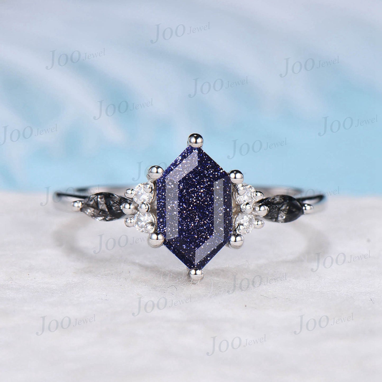 Hexagon Cut Blue Sandstone Engagement Ring Set Platinum Ring Vintage Marquise Black Rutile Crystal Ring Unique Black Wedding Ring Set Women