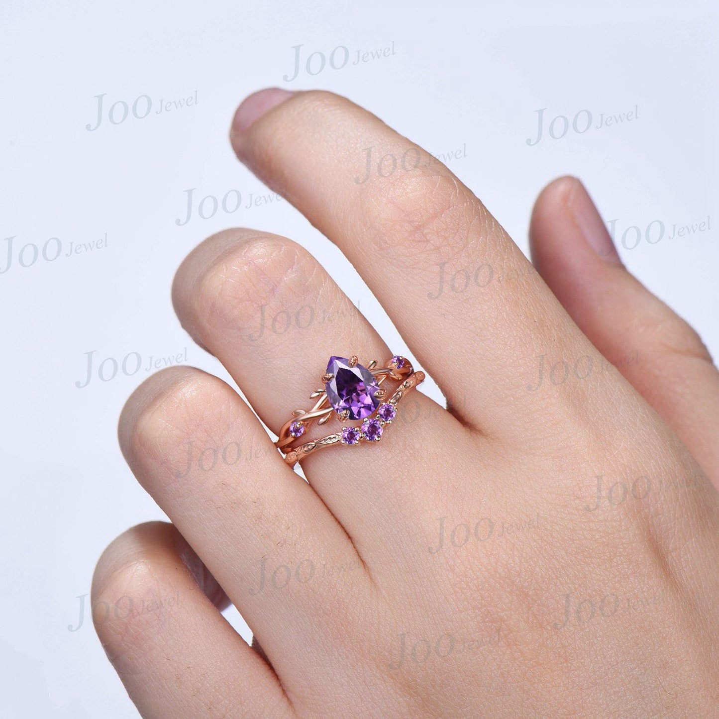 1.25ct Nature Inspired Twig Pear Amethyst Crystal Engagement Ring Set Purple Gemstone Jewelry Branch Vine Natural Purple Wedding Ring Set