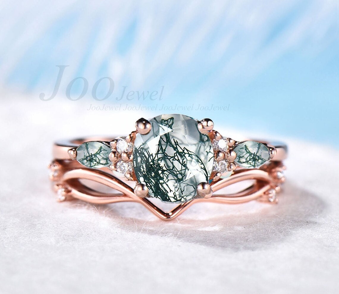 Hexagon Moss Agate Ring Set Green Gemstone Ring 1ct Hexagon Engagement Ring Natural Aquatic Agate Bridal Set Twig Vine Green Wedding Ring
