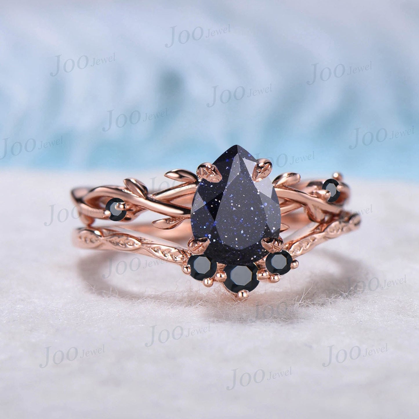 1.25ct Pear Twig Blue Sandstone Ring Set Nature Inspired Galaxy Starry Sky Blue Goldstone Engagement Ring Black Gemstone Ring Proposal Gift