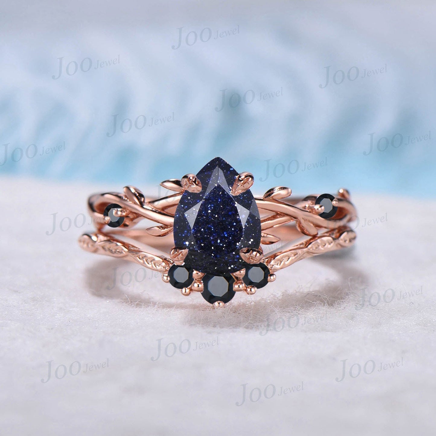 1.25ct Pear Twig Blue Sandstone Ring Set Nature Inspired Galaxy Starry Sky Blue Goldstone Engagement Ring Black Gemstone Ring Proposal Gift