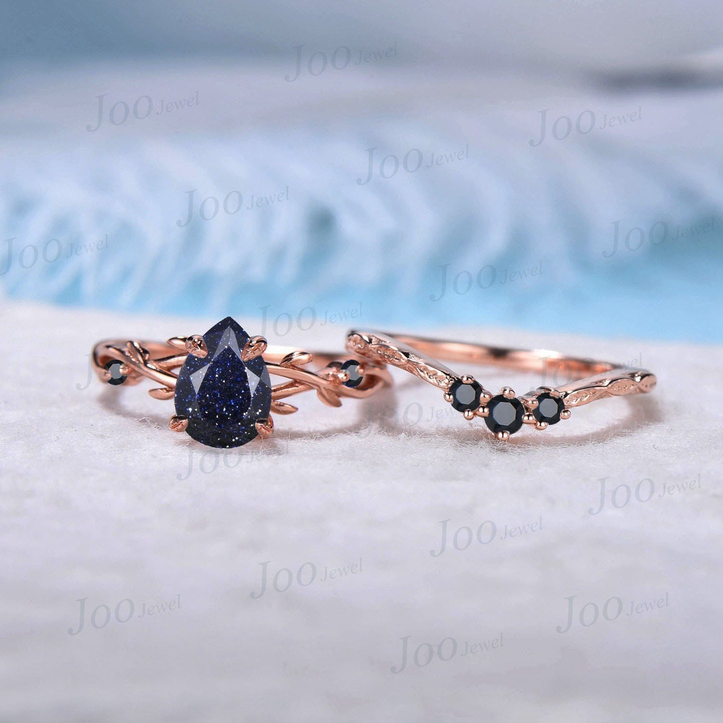 1.25ct Pear Twig Blue Sandstone Ring Set Nature Inspired Galaxy Starry Sky Blue Goldstone Engagement Ring Black Gemstone Ring Proposal Gift