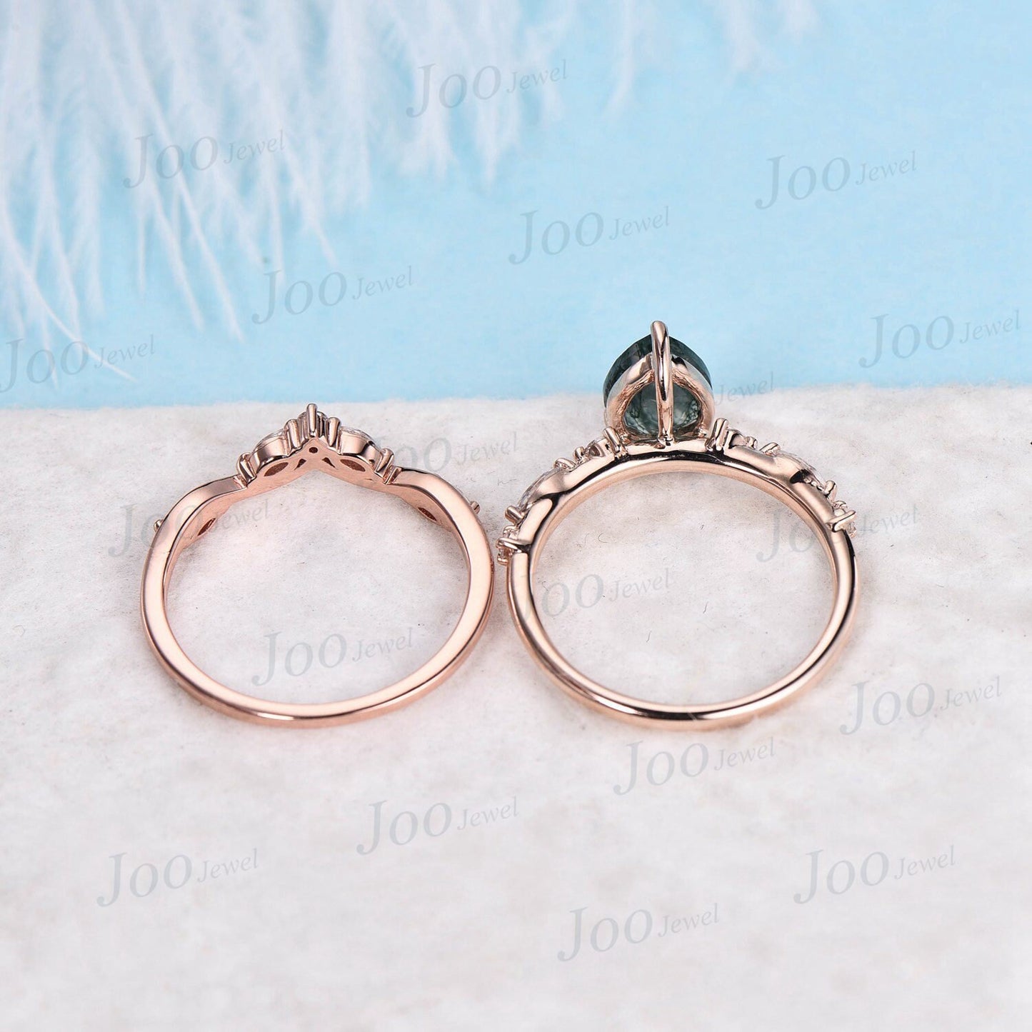 Pear Shaped Natural Moss Agate Engagement Ring Set Green Gemstone Jewelry Moss Agate Half Eternity Wedding Band Moss Bridal Set Promise Ring